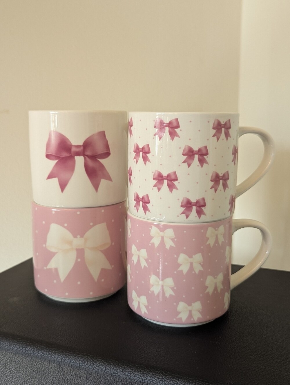 Set of 4 Eaton Fine Dining Pink Ribbon Bow Mugs Ceramic Coquette Aesthetic